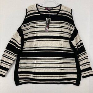New Peck & Peck size XL Black Tan Open Knit Cold Shoulder Relaxed Boho Sweater